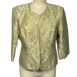 R & M Richards Petite Sz 10P Pale Green Floral Damask Beaded MOB Blazer Jacket